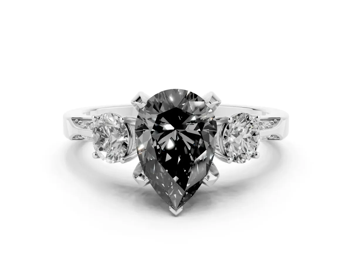 Fancy Black Pear Cut Diamond Three-Stone Ring Set in White gold with Pavé Band and Smaller Side Stones