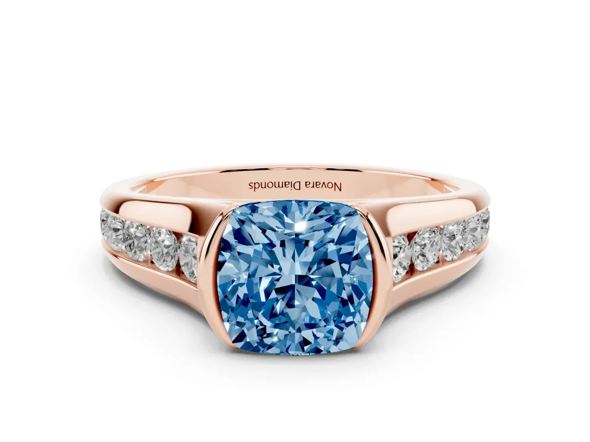 Fancy Blue Cushion Cut Diamond Bezel-Set Solitaire Ring Set in Rose gold with Channel-Set Band