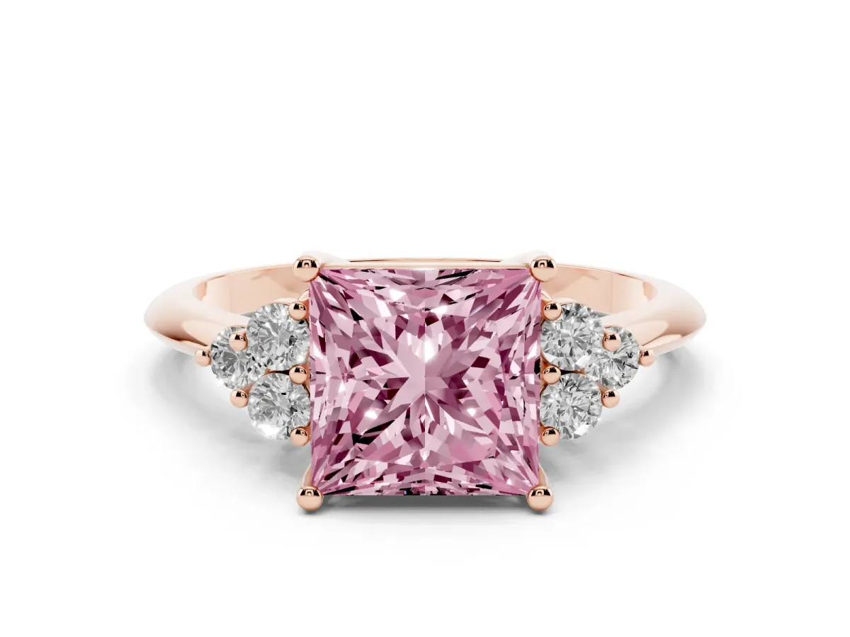 Fancy Pink Princess Cut Diamond Cluster Ring Set in Rose gold with Plain Band and Prong Setting