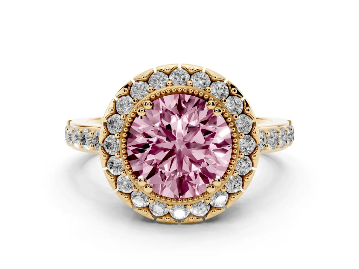 Fancy Pink Round Cut Diamond Halo Ring Set in Yellow gold with Pavé Shank and Prong Setting