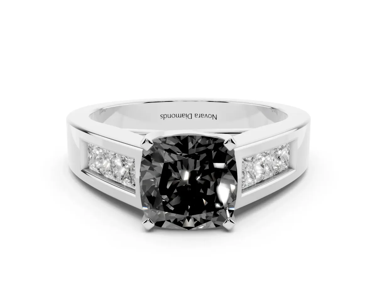 Fancy Black Cushion Cut Diamond Solitaire Ring Set in Silver with Channel-Set Accent Stones and Prong Setting