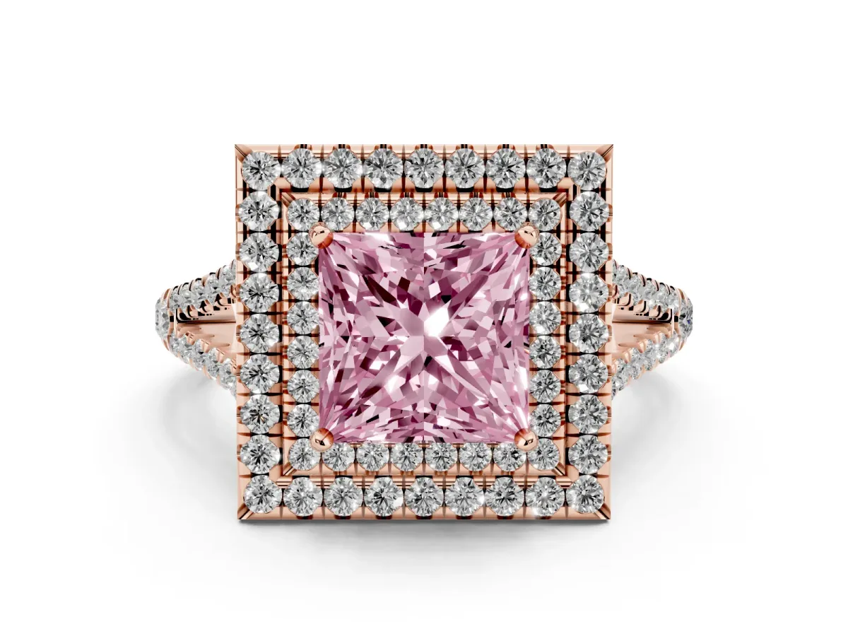 Fancy Pink Princess Cut Diamond Double Halo Ring Set in Rose gold with Pavé Band