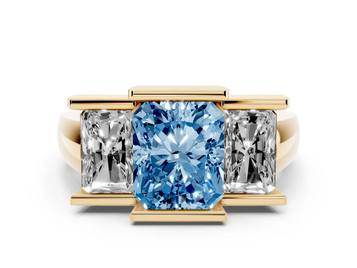 Fancy Blue Radiant Cut Diamond Three-Stone Channel Set Ring Set in Yellow gold with Smooth Polished Band