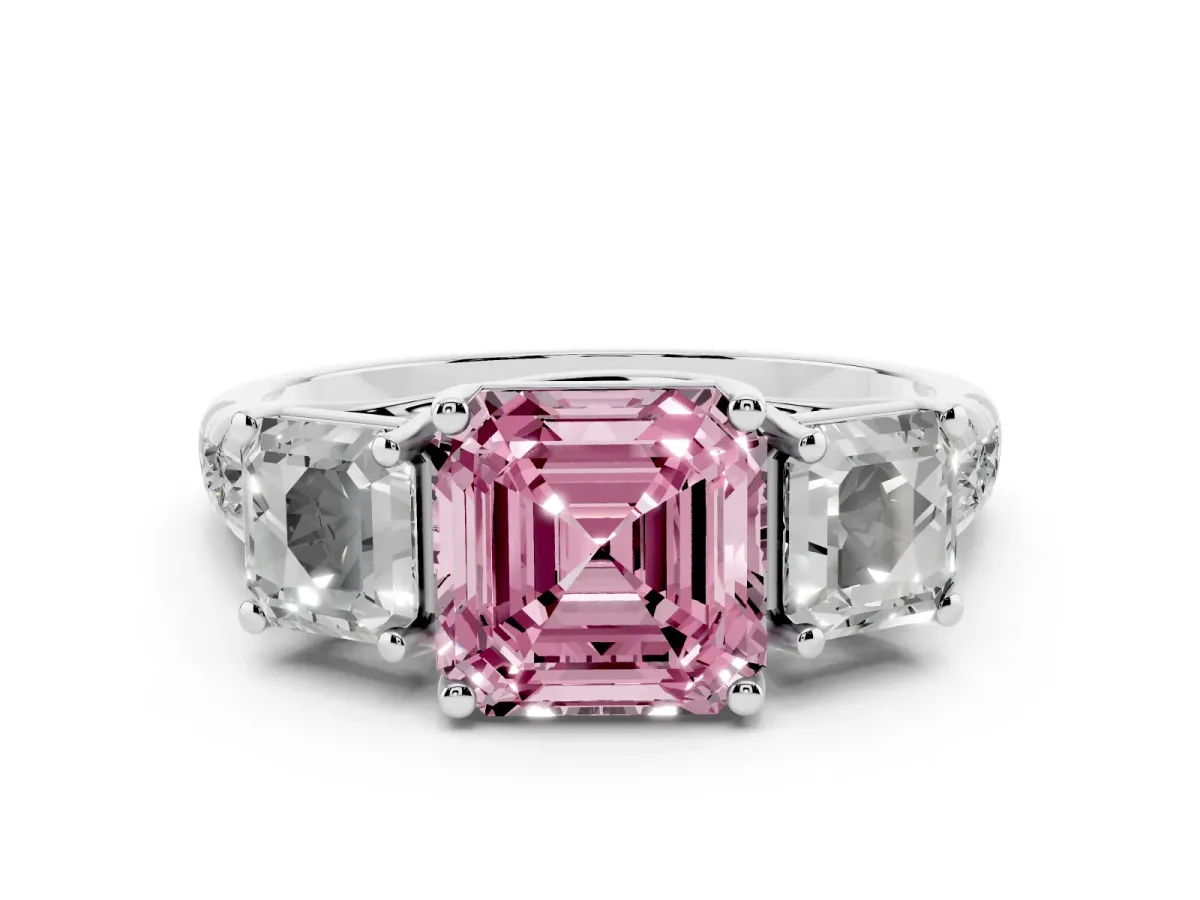 Fancy Pink Asscher Cut Diamond Three-Stone Ring Set in White gold with Pavé Band