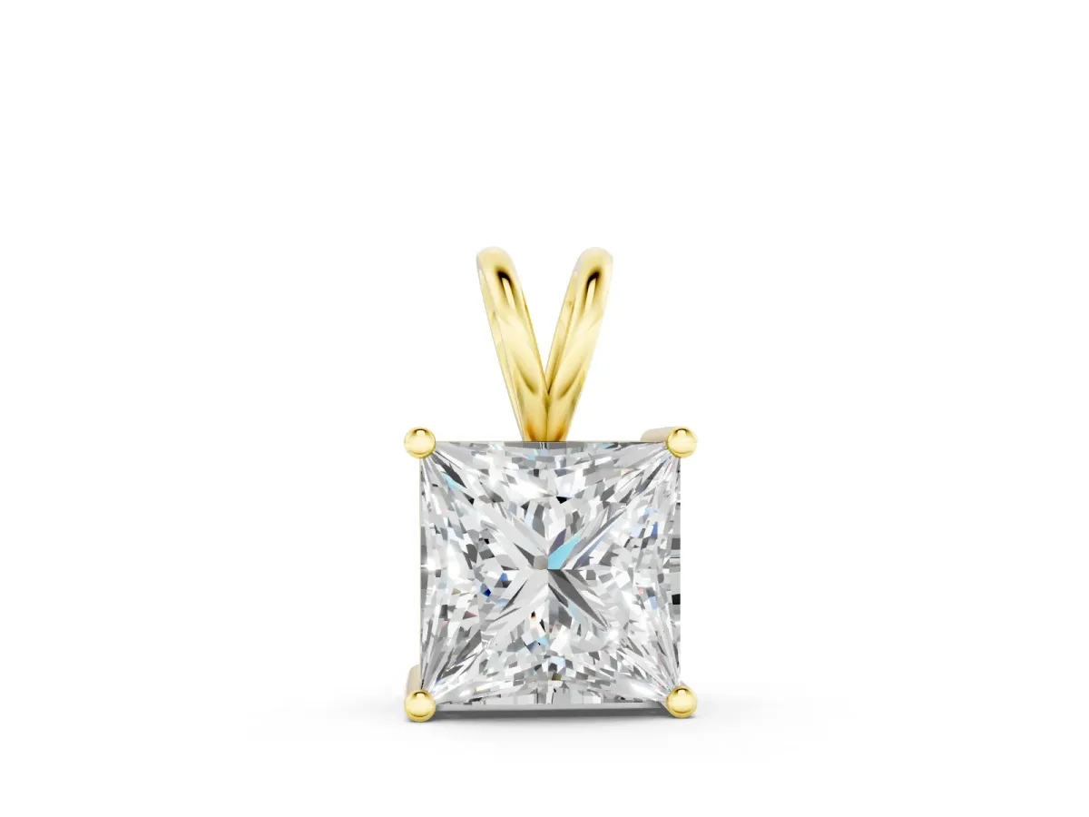 Princess Diamond Solitaire Pendant Set in Yellow gold with Four-Prong Setting