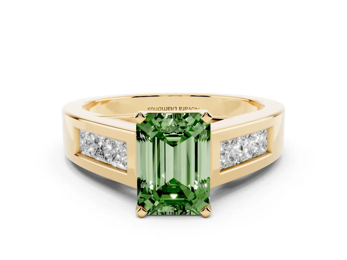 Fancy Green Emerald Cut Diamond Solitaire Ring Set in Yellow gold with Channel-Set Accent Stones and Prong Setting