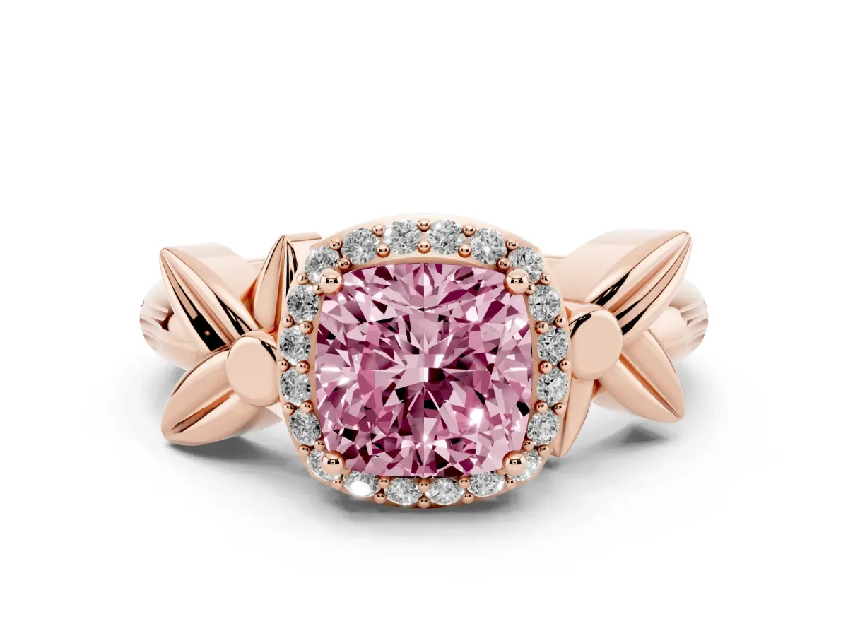 Fancy Pink Cushion Cut Diamond Halo Floral Band Ring Set in Rose gold with Prong Setting