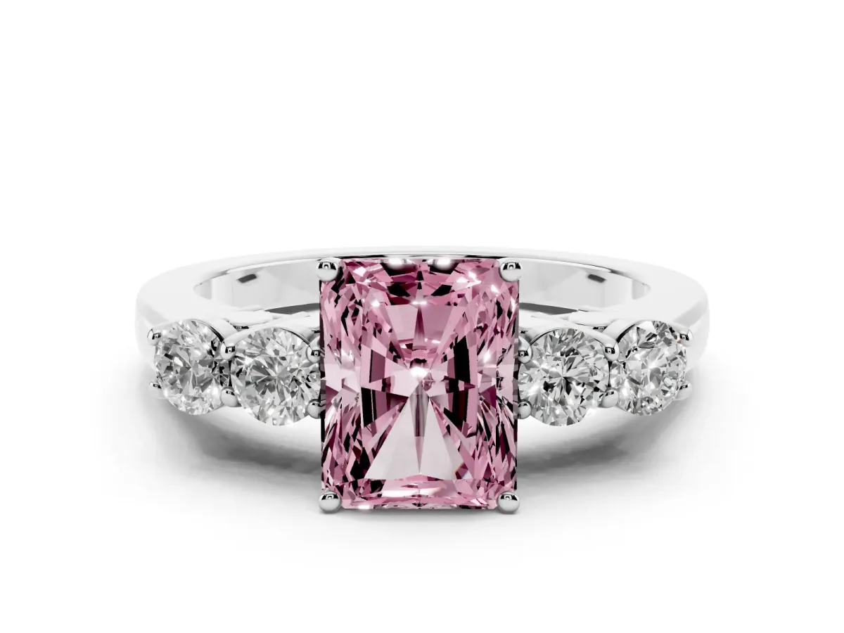 Fancy Pink Radiant Cut Diamond Five-Stone Prong Set Band Ring Set in Platinum with Polished Band