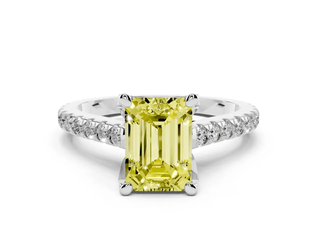 Fancy Yellow Emerald Cut Diamond Solitaire Ring Set in Silver with Brilliant Pavé Band and Prong Setting