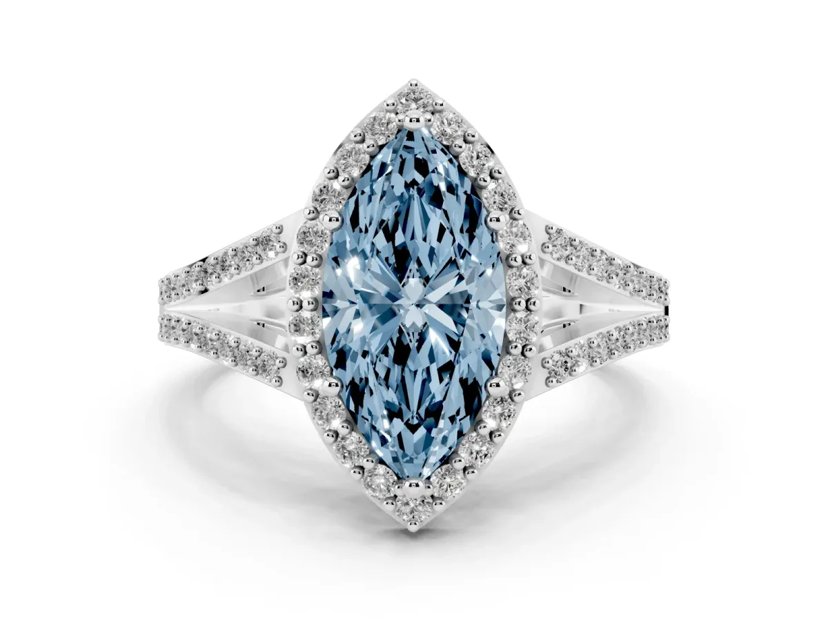 Fancy Blue Marquise Cut Diamond Halo Split Shank Pavé Ring Set in White gold with Prong Setting