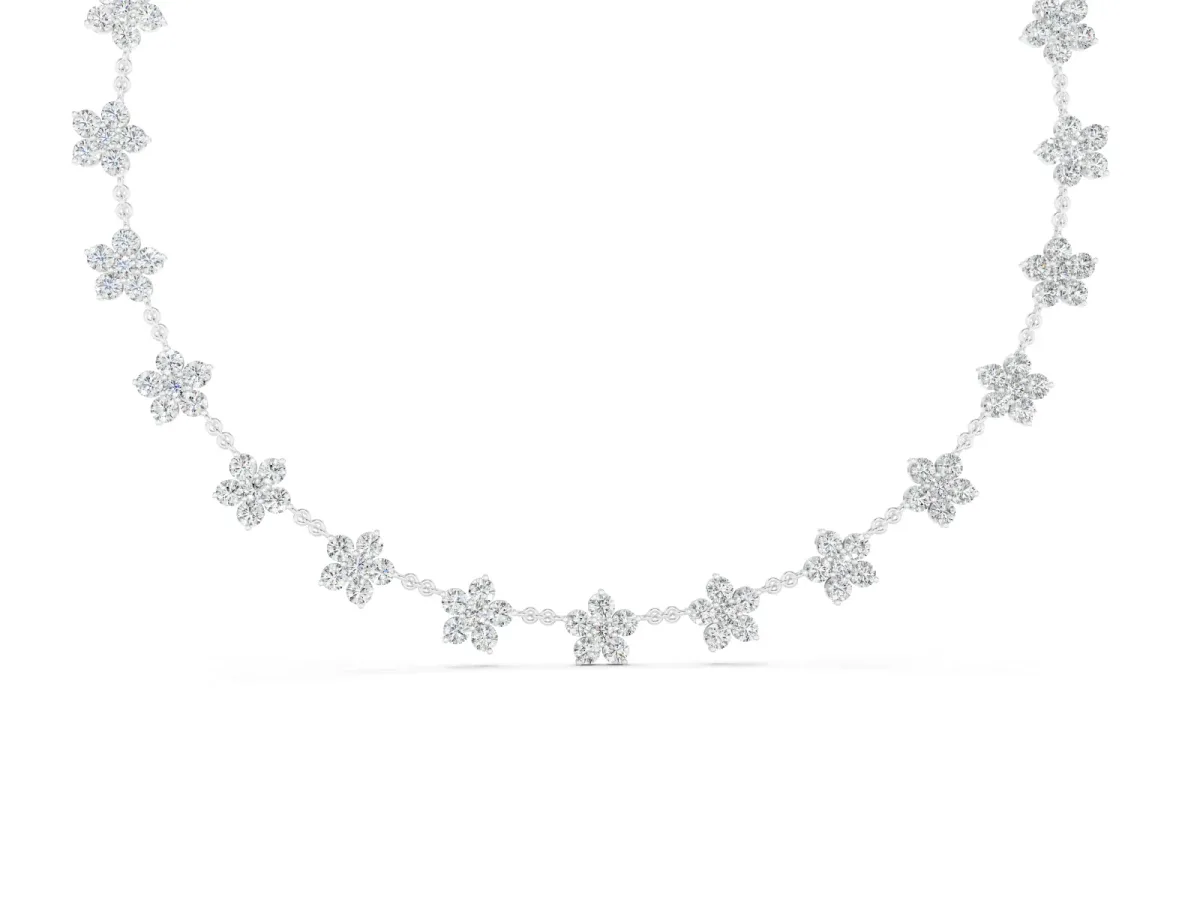 Round Diamond Floral Station Necklace Set in White gold with Accent Centers