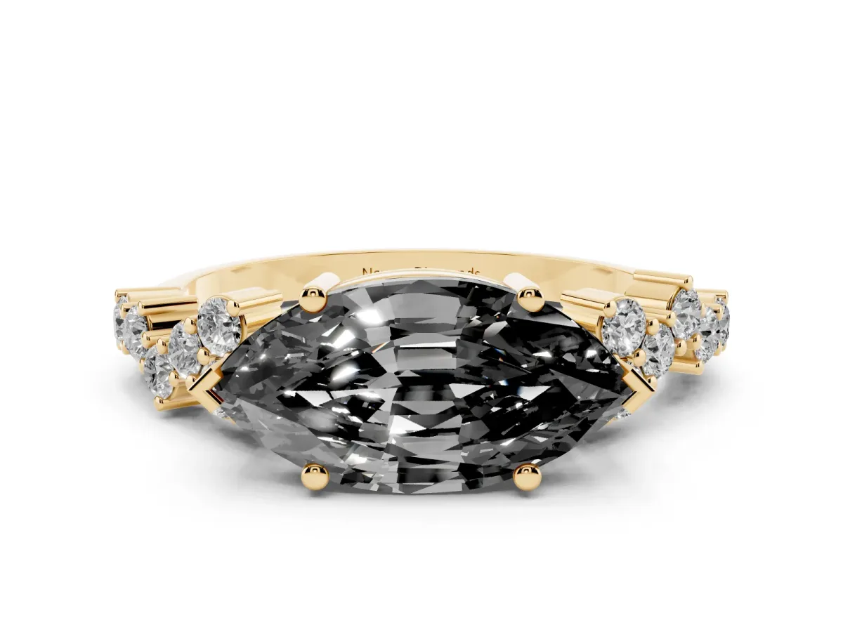 Fancy Black Marquise Cut Diamond Ring Set in Yellow gold with Scattered Round Accents