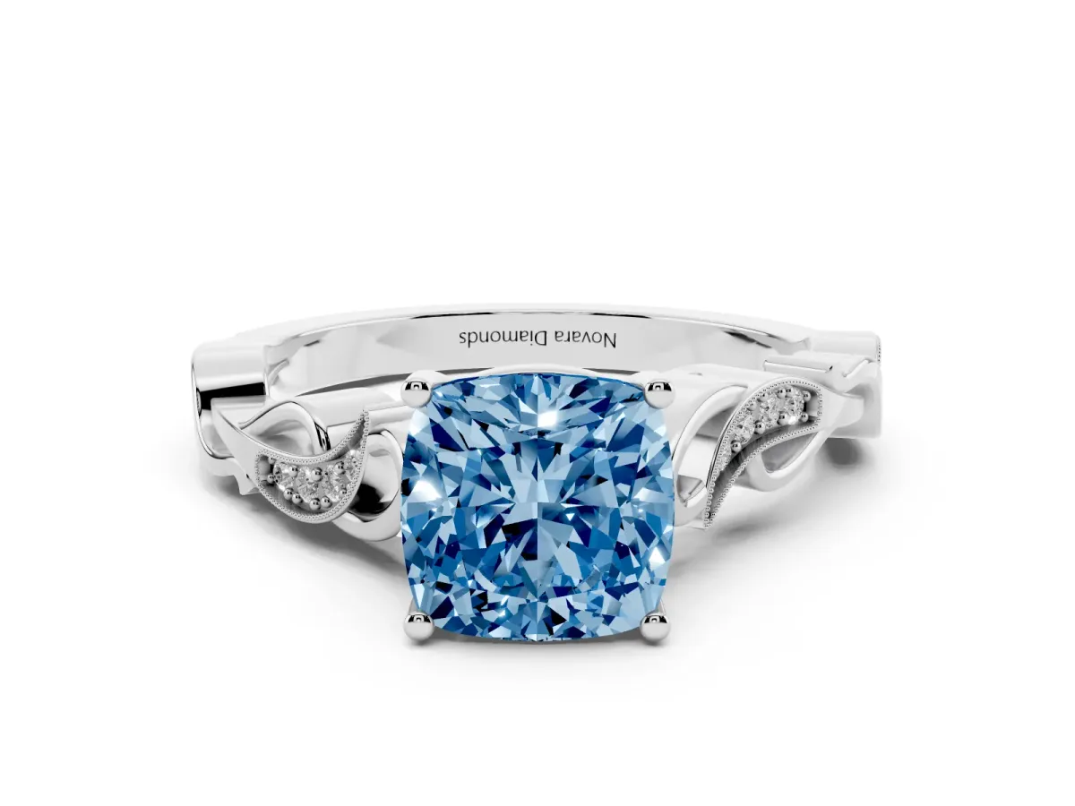 Fancy Blue Cushion Cut Diamond Vine Band Solitaire Ring Set in White gold with Milgrain Prong Setting