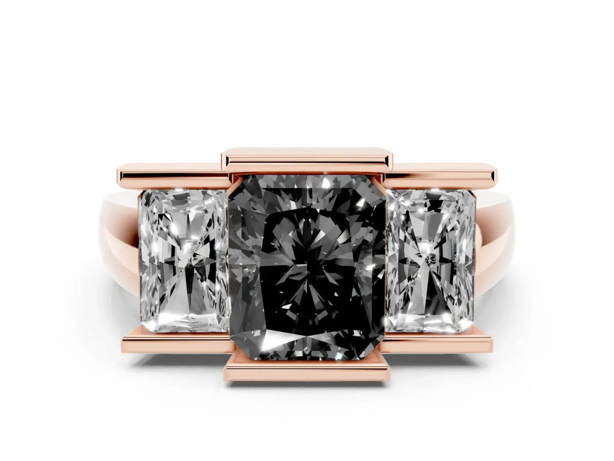 Fancy Black Radiant Cut Diamond Three-Stone Channel Set Ring Set in Rose gold with Smooth Polished Band