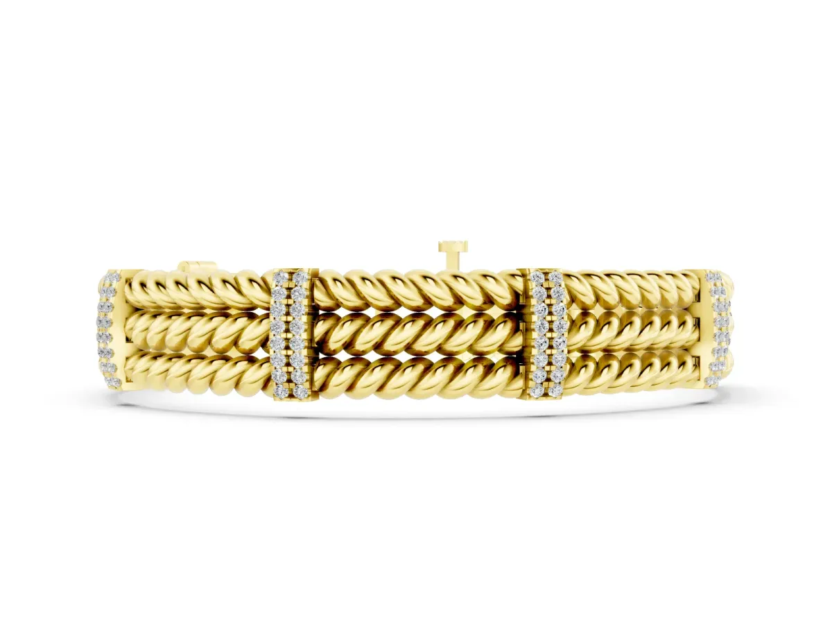 Round Diamond Pavé Triple Rope Bracelet Set in Yellow gold with Box Clasp