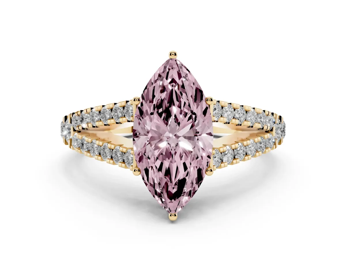 Fancy Pink Marquise Cut Diamond Split Shank Pavé Engagement Ring Set in Yellow gold with Prong-Held Center Stone