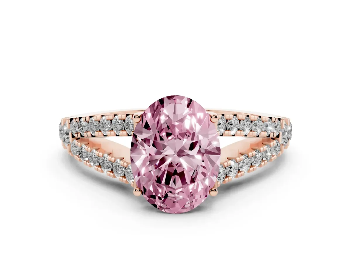 Fancy Pink Oval Cut Diamond Split Shank Pavé Engagement Ring Set in Rose gold with Prong-Held Center Stone