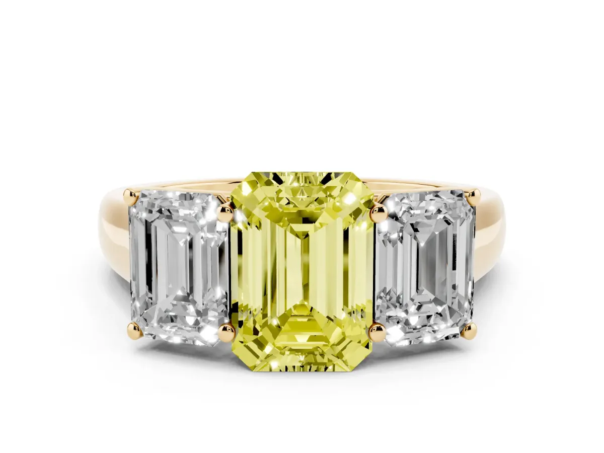 Fancy Yellow Emerald Cut Diamond Three-Stone Ring Set in Yellow gold with Plain Polished Band