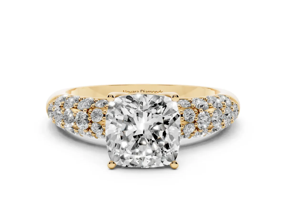 Cushion Cut Diamond Pavé Band Solitaire Ring Set in Yellow gold with Close-Set Accent Stones and Prong Setting