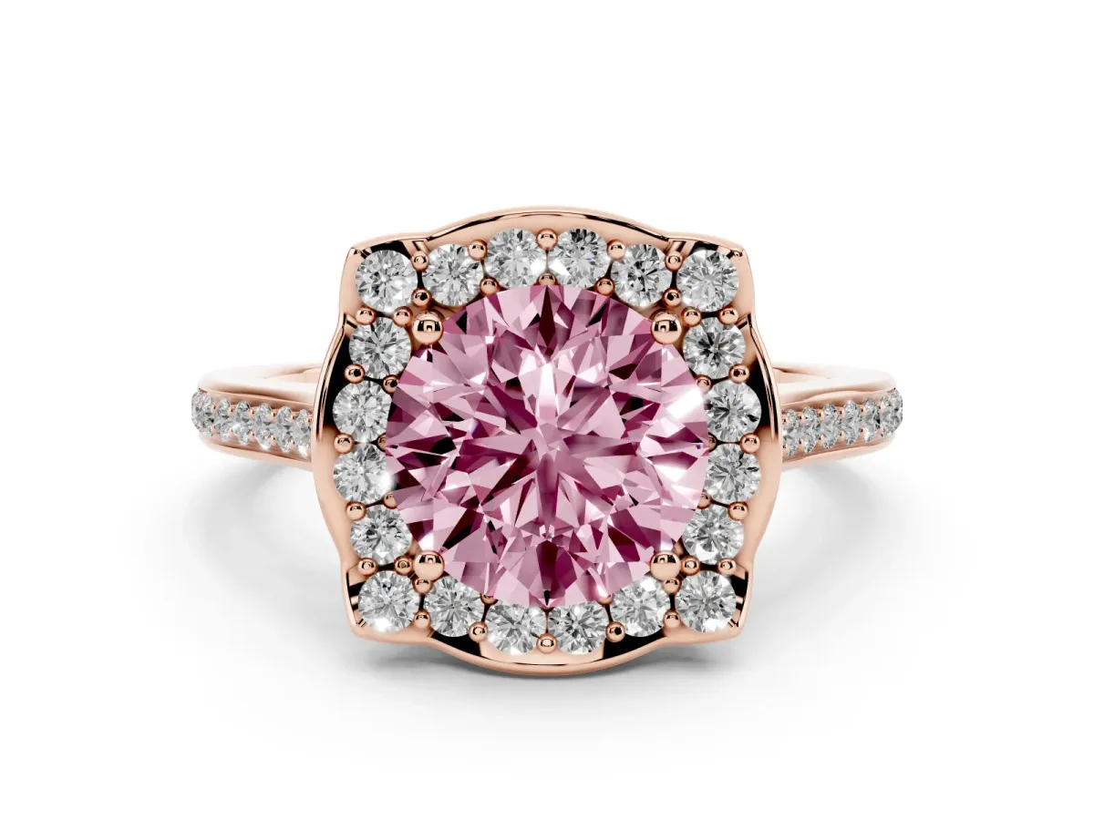Fancy Pink Round Cut Diamond Halo Ring Set in Rose gold with Pavé-Lined Shoulders and Prong Setting
