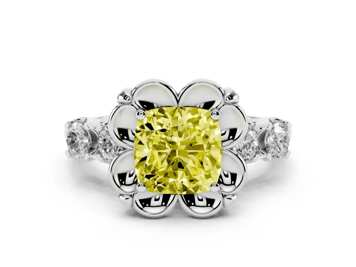 Fancy Yellow Cushion Cut Diamond Floral Halo Ring Set in Platinum with Shared Prong Band