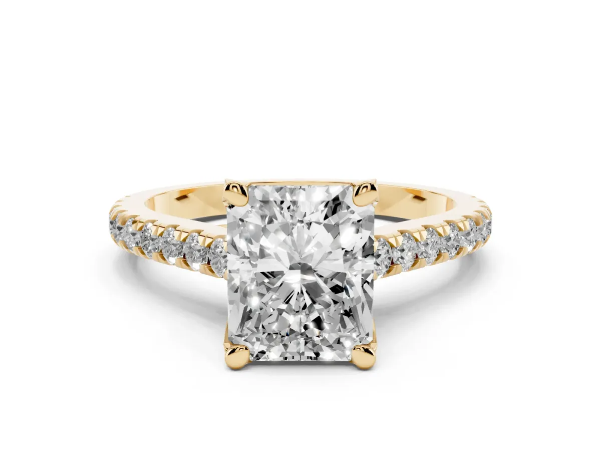Radiant Cut Diamond Solitaire Ring Set in Yellow gold with Brilliant Pavé Band and Prong Setting