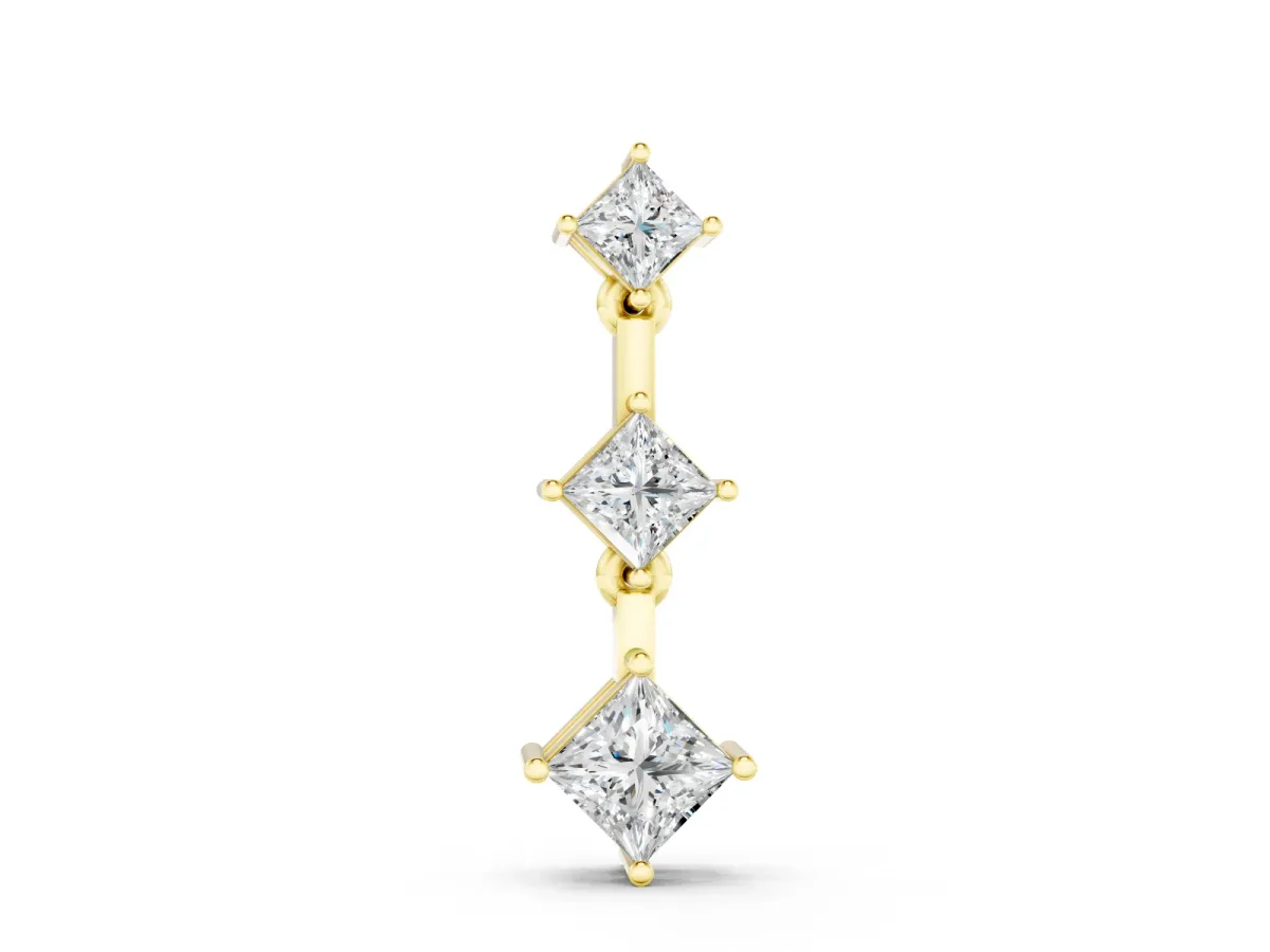 Triple Princess Cut Drop Pendant Set in Yellow gold with Four-Prong Setting