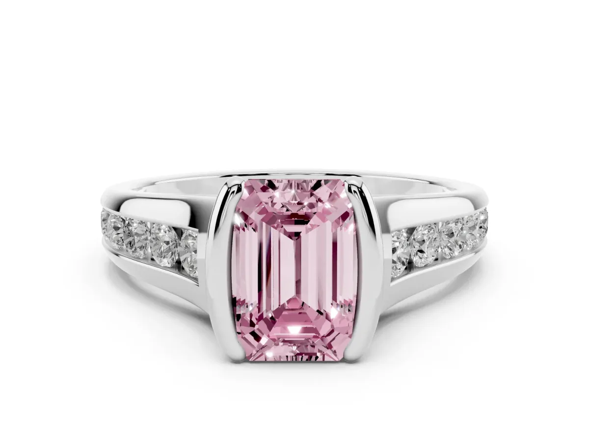 Fancy Pink Emerald Cut Diamond Bezel-Set Solitaire Ring Set in White gold with Channel-Set Band