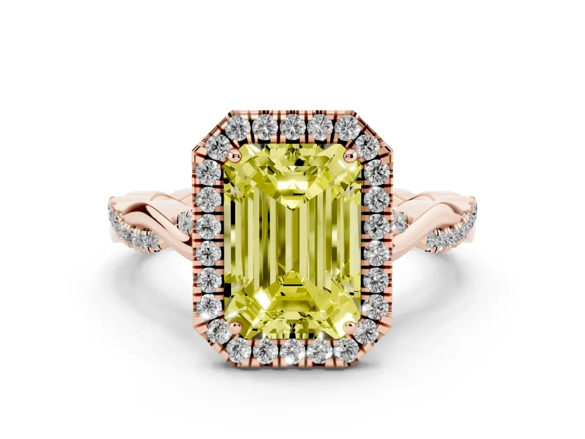 Fancy Yellow Emerald Cut Diamond Halo Twist Band Solitaire Ring Set in Rose gold with Prong Setting
