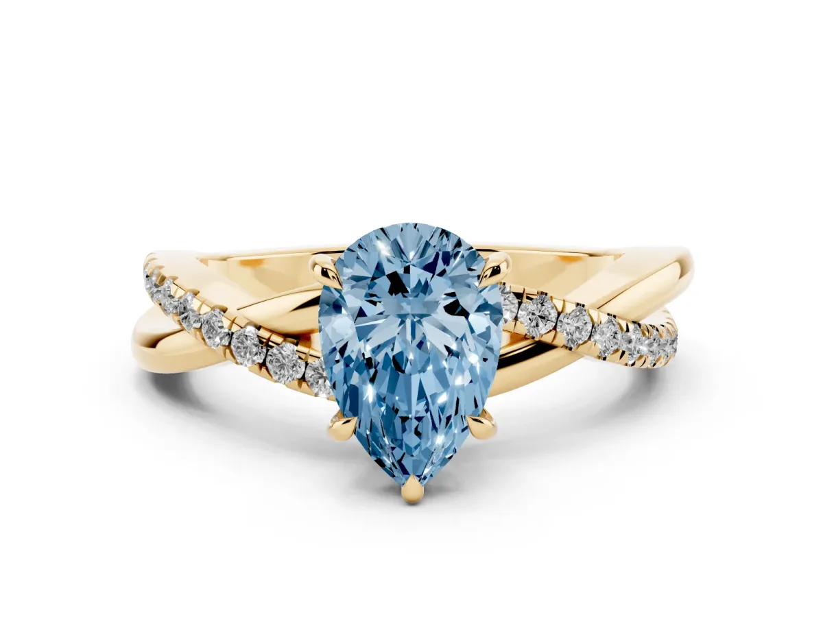 Fancy Blue Pear Cut Diamond Twisted Pavé Band Ring Set in Yellow gold with Prong Setting