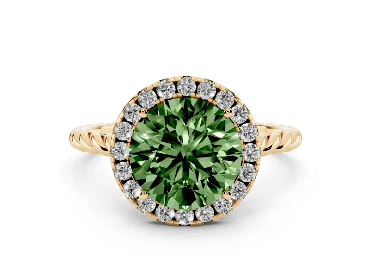 Fancy Green Round Cut Diamond Halo Ring Set in Yellow gold with Plain Twisted Band