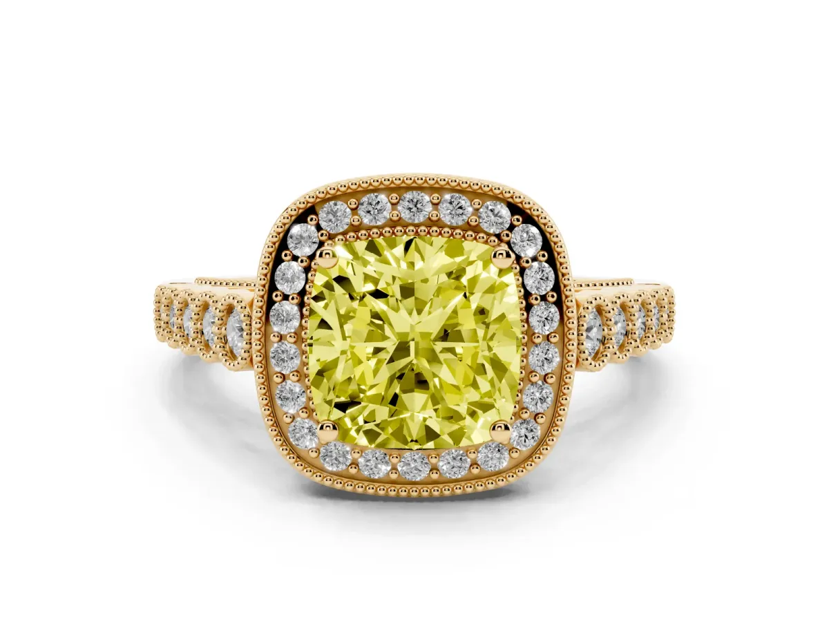 Fancy Yellow Cushion Cut Diamond Milgrain Halo Solitaire Ring Set in Yellow gold with Bezel Set Side Stones and Pavé Band