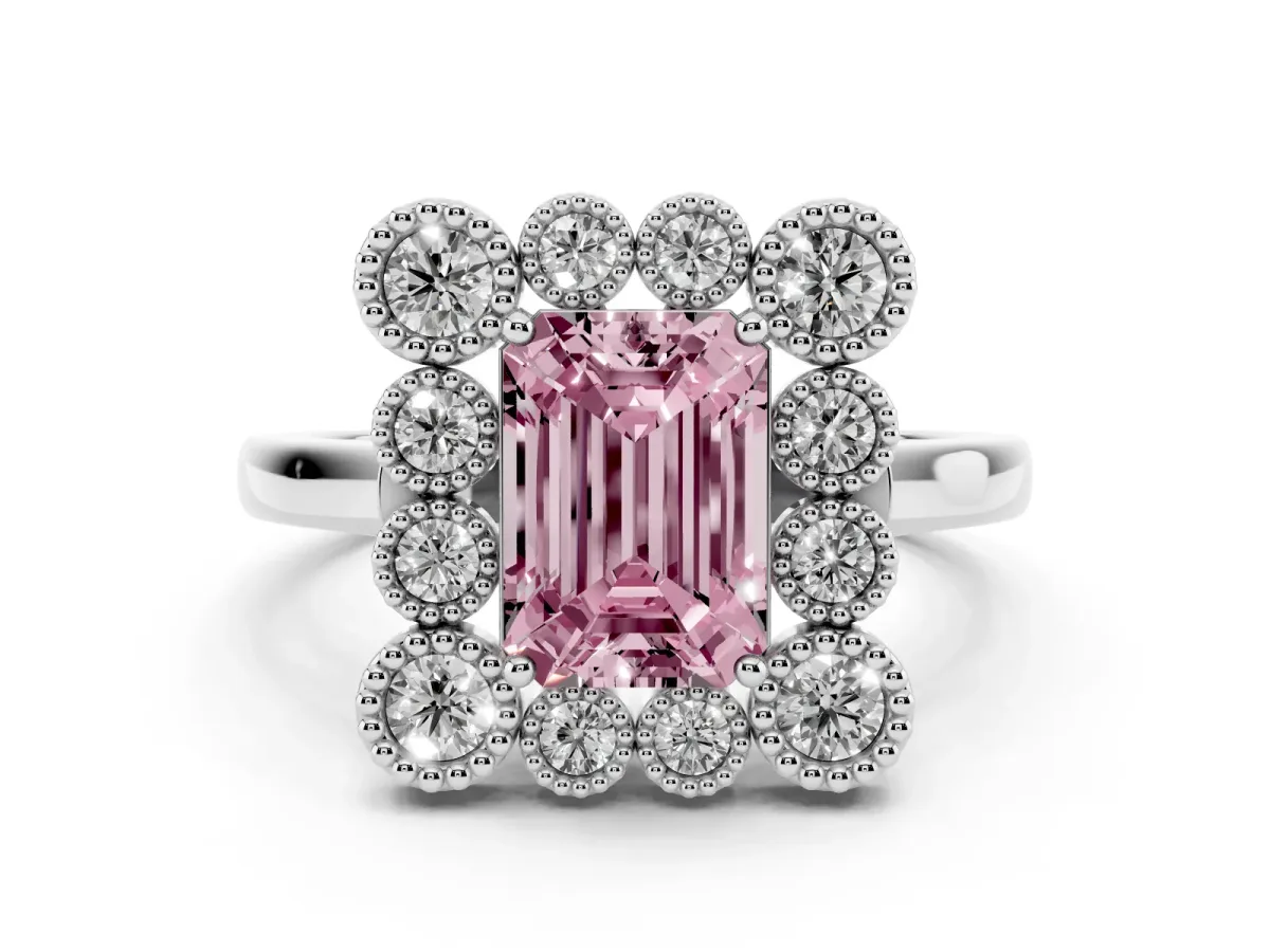 Fancy Pink Emerald Cut Diamond Cluster Halo Ring Set in Platinum with Milgrain Bezel Accents and Plain Band