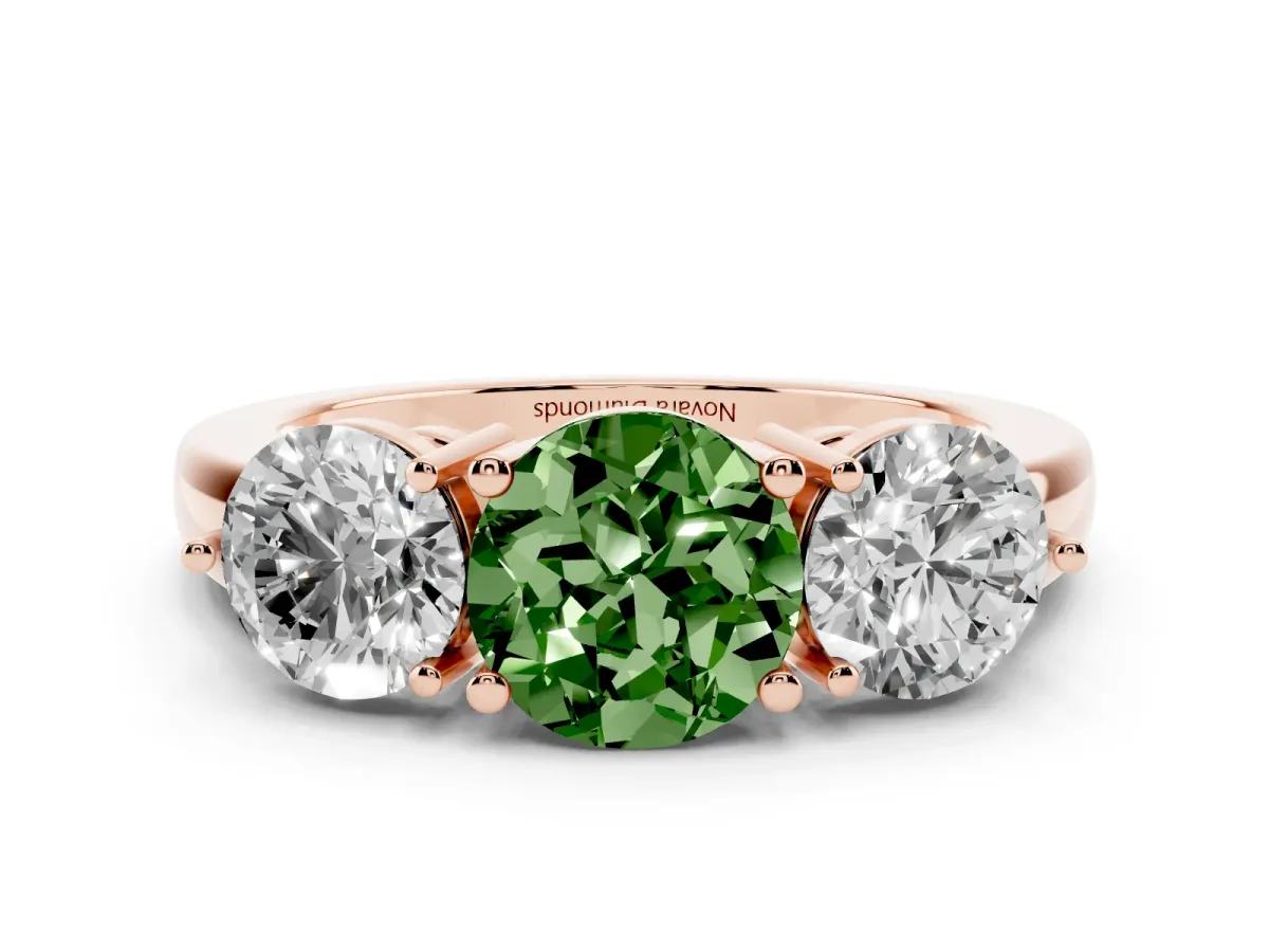 Fancy Green Round Cut Diamond Three-Stone Ring Set in Rose gold with Prong Setting and Plain Band