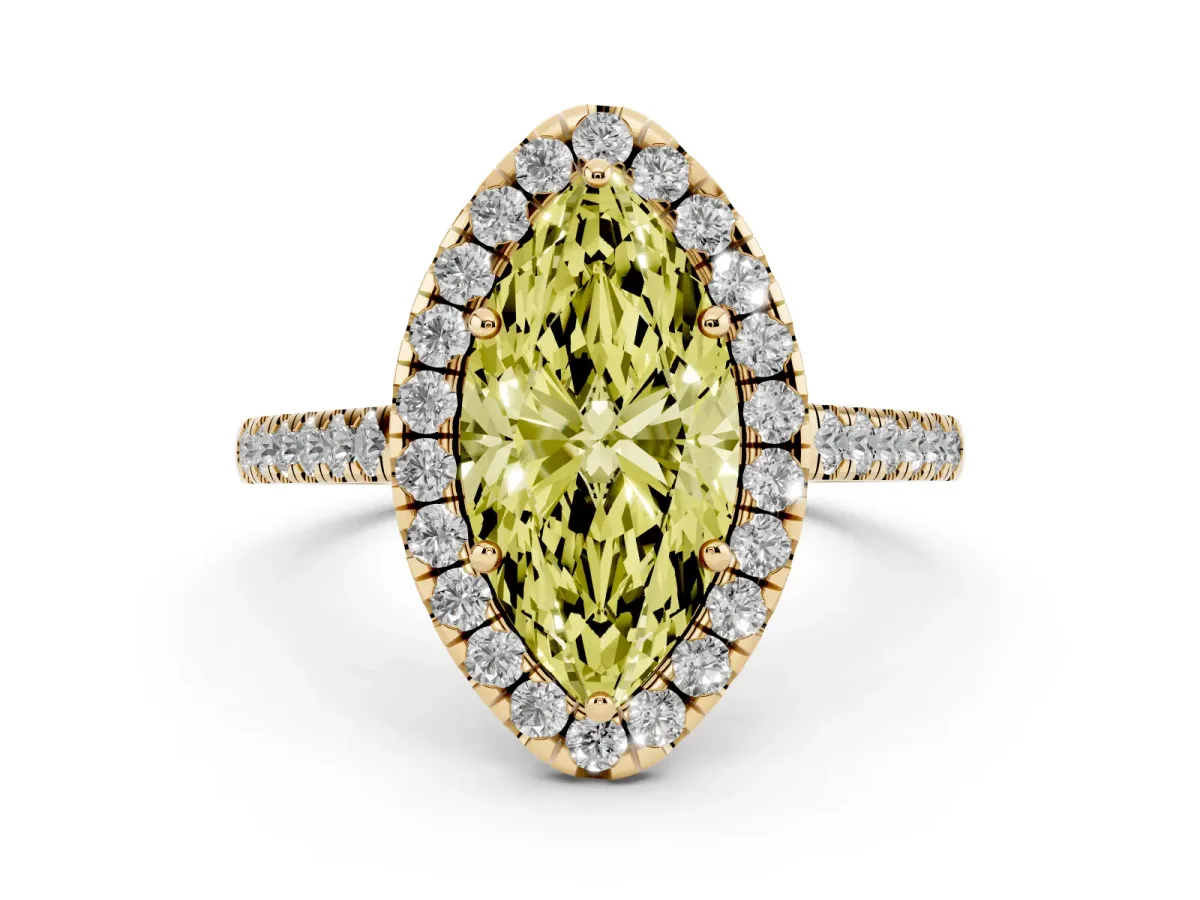 Fancy Yellow Marquise Cut Diamond Halo Pavé Engagement Ring Set in Yellow gold with Prong Setting
