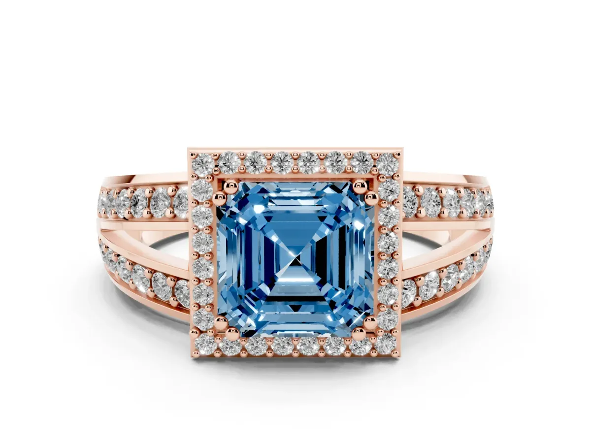 Fancy Blue Asscher Cut Diamond Halo Ring Set in Rose gold with Double Pavé Split Shank