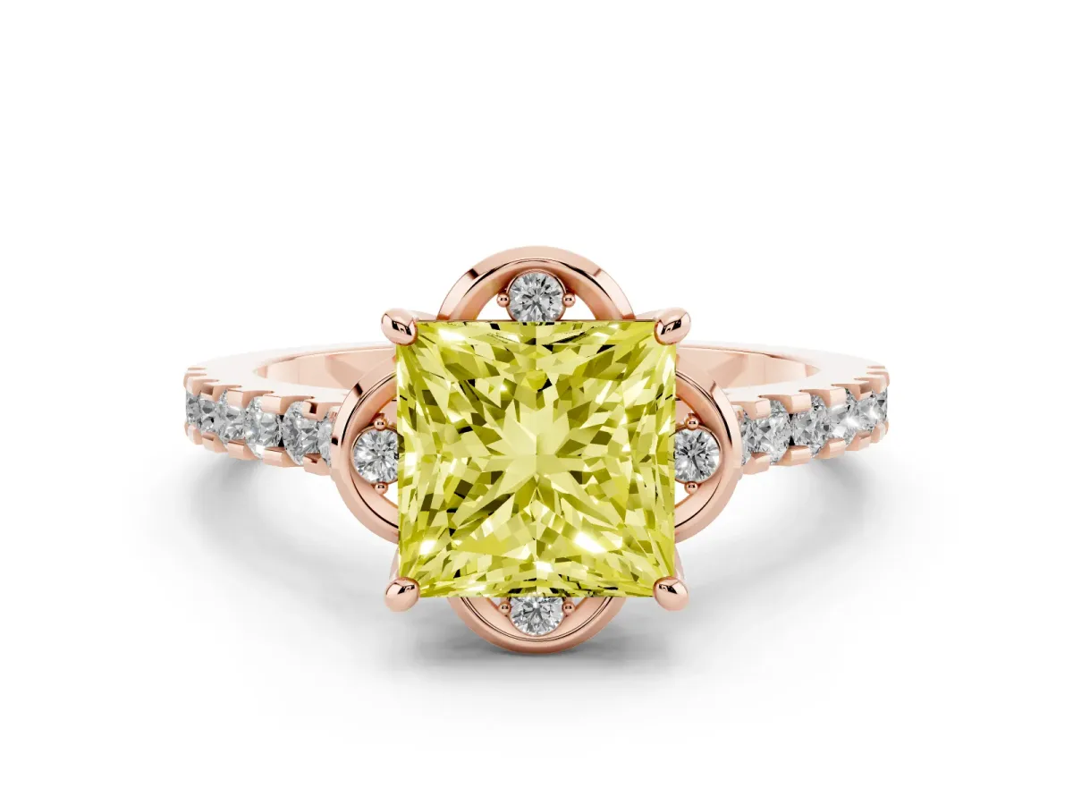 Fancy Yellow Princess Cut Diamond Solitaire Ring Set in Rose gold with Pavé Band and Floral Prong Setting