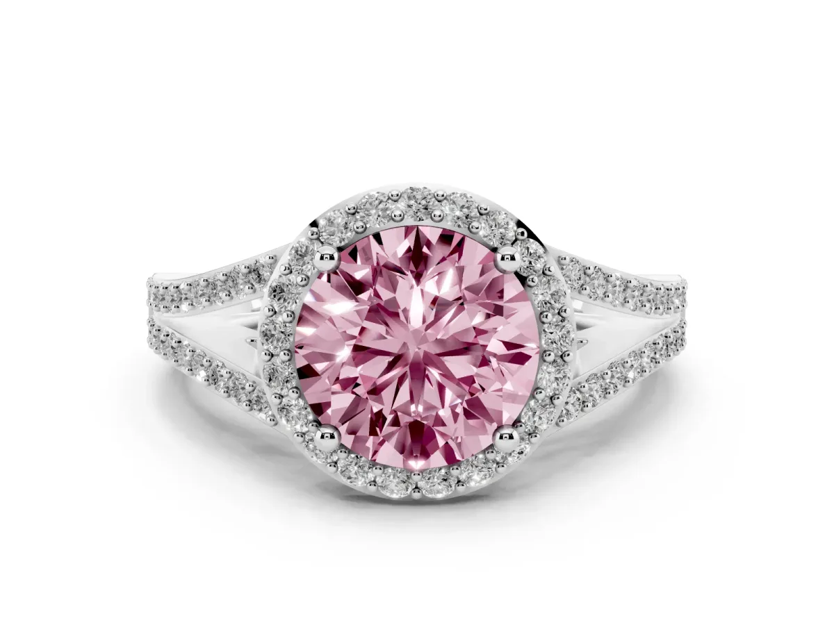 Fancy Pink Round Cut Diamond Halo Split Shank Ring Set in Silver with Accent Stones and Prong Setting