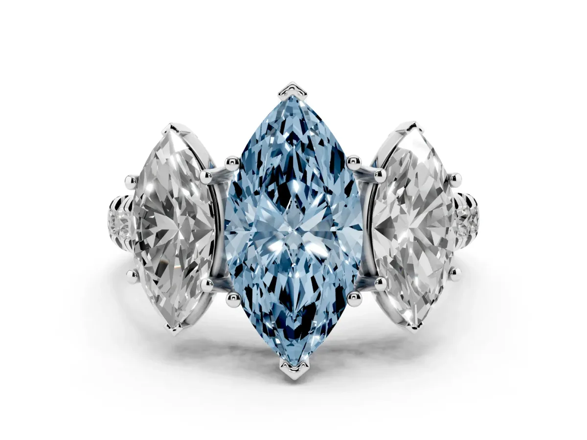 Fancy Blue Marquise Cut Diamond Three-Stone Ring Set in Platinum with Pavé Band