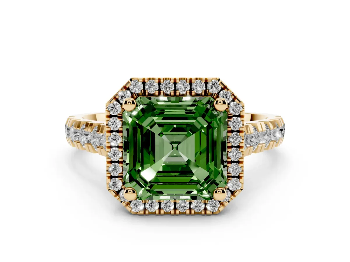 Fancy Green Asscher Cut Diamond Halo Engagement Ring Set in Yellow gold with Pavé Band and Prong-Set Center