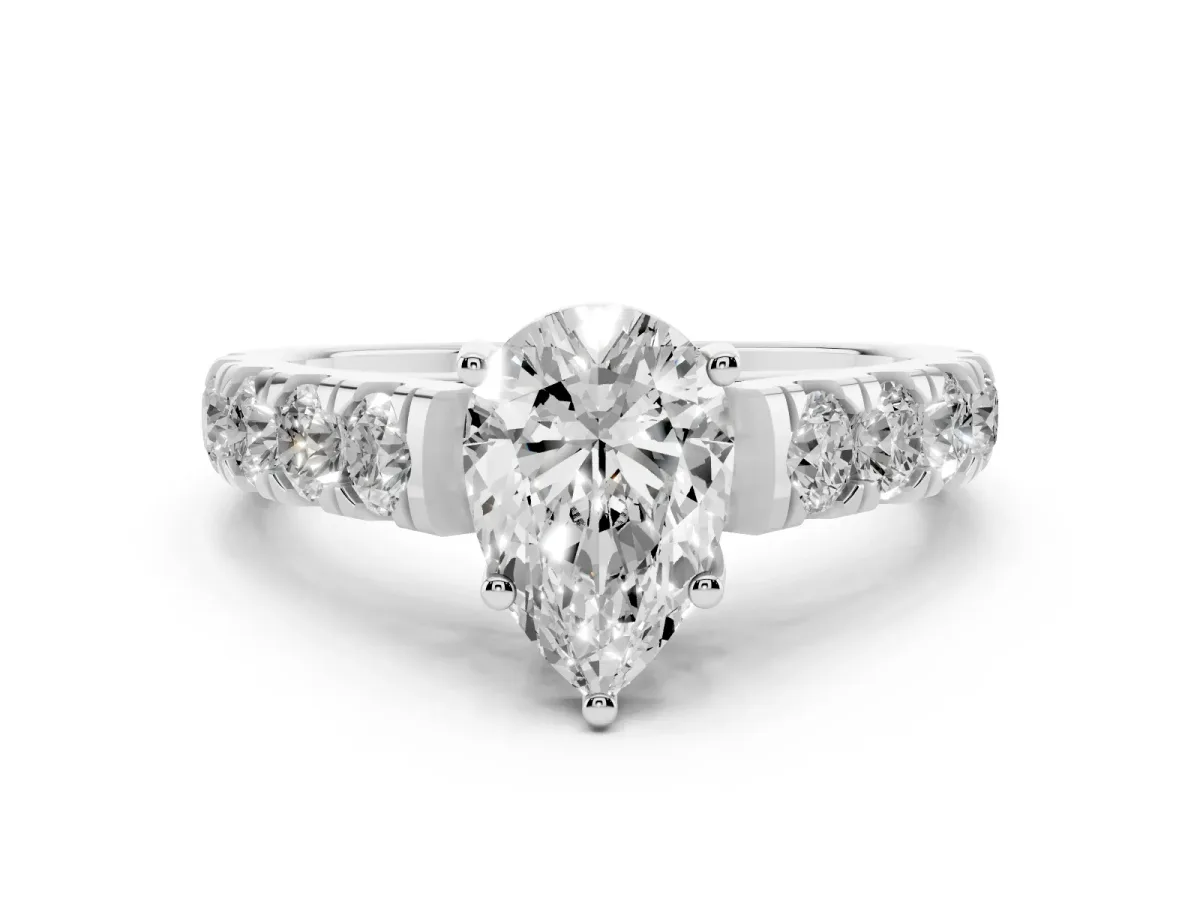 Pear Cut Diamond Solitaire Ring Set in Platinum with Cut-Down Micro Pavé Band and Prong Setting