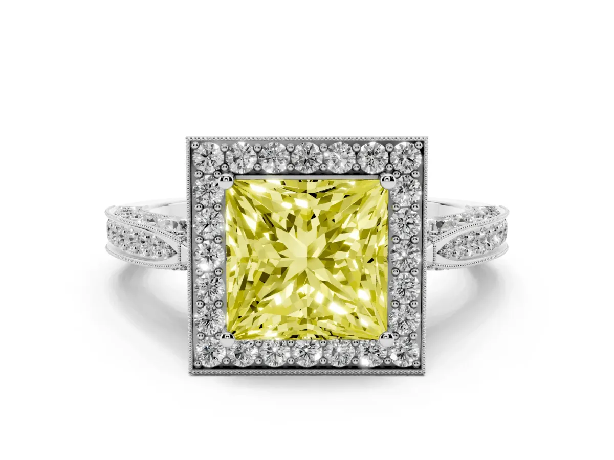 Fancy Yellow Princess Cut Diamond Halo Engagement Ring Set in Silver with Accent Split Shank Band