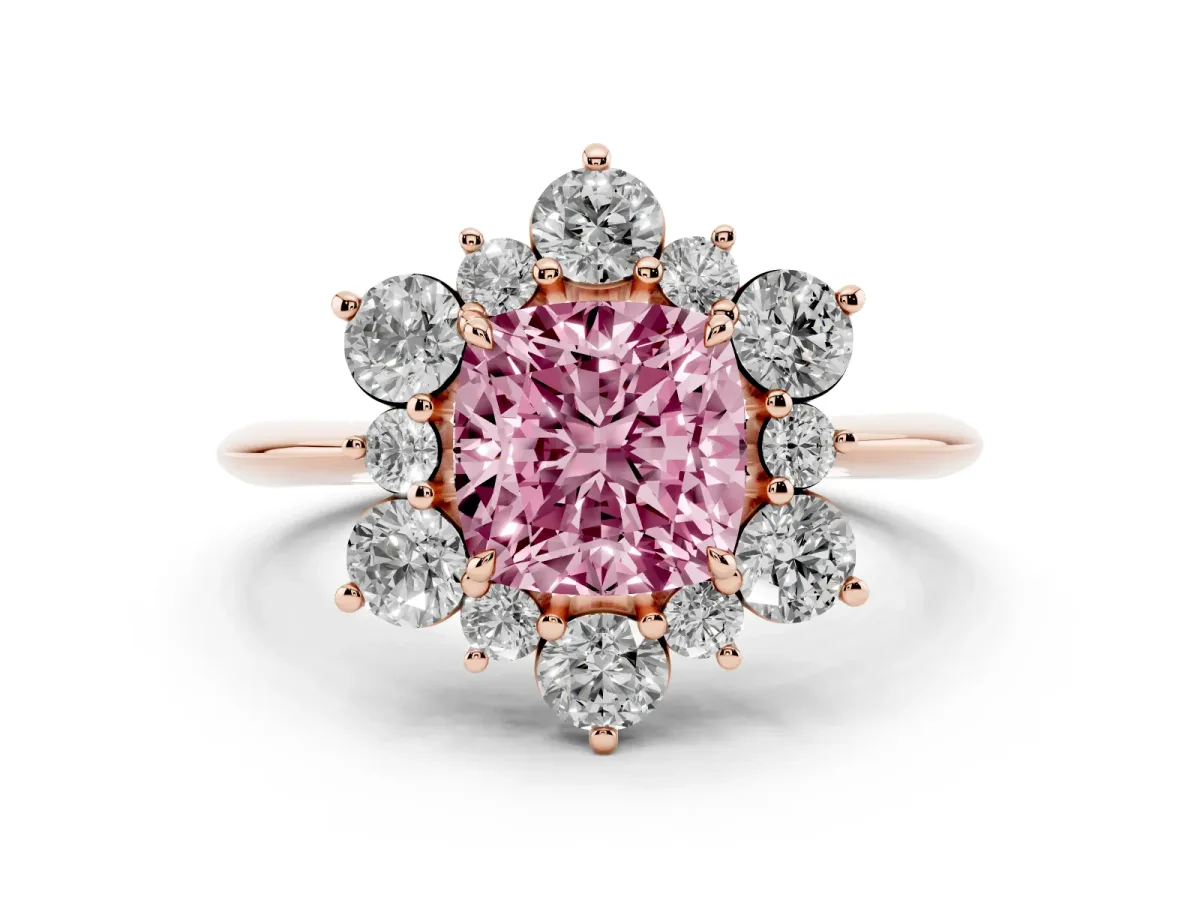Fancy Pink Cushion Cut Diamond Cluster Halo Ring Set in Rose gold with Solitaire Band and Prong Setting