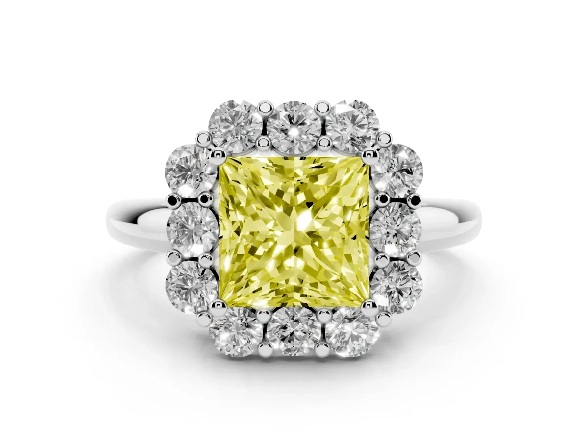 Fancy Yellow Princess Cut Diamond Milgrain Halo Solitaire Ring Set in White gold with Bezel Set Side Stones and Pavé Band