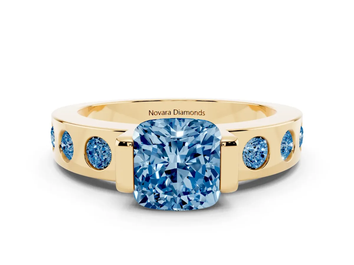 Fancy Blue Cushion Cut Diamond Channel-Set Band Ring Set in Yellow gold with Bezel Prong Setting