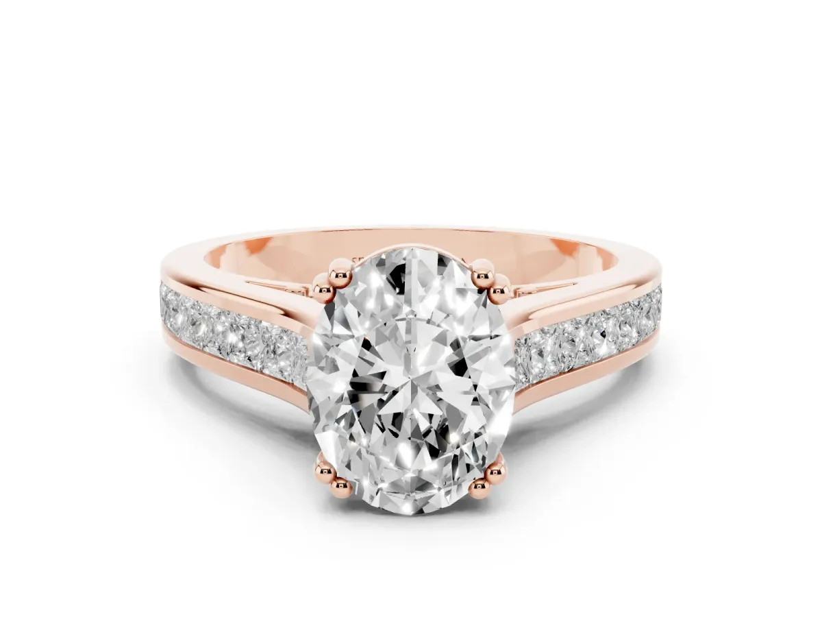 Oval Cut Diamond Channel Set Solitaire Engagement Ring Set in Rose gold with Prong Setting