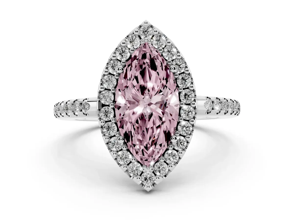 Fancy Pink Marquise Cut Diamond Pavé Halo Ring Set in White gold with Prong Setting
