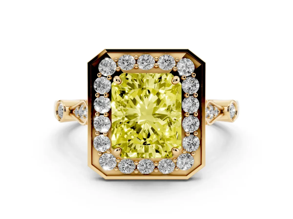 Fancy Yellow Radiant Cut Diamond Halo Engagement Ring Set in Yellow gold with Twisted Band and Prong Setting