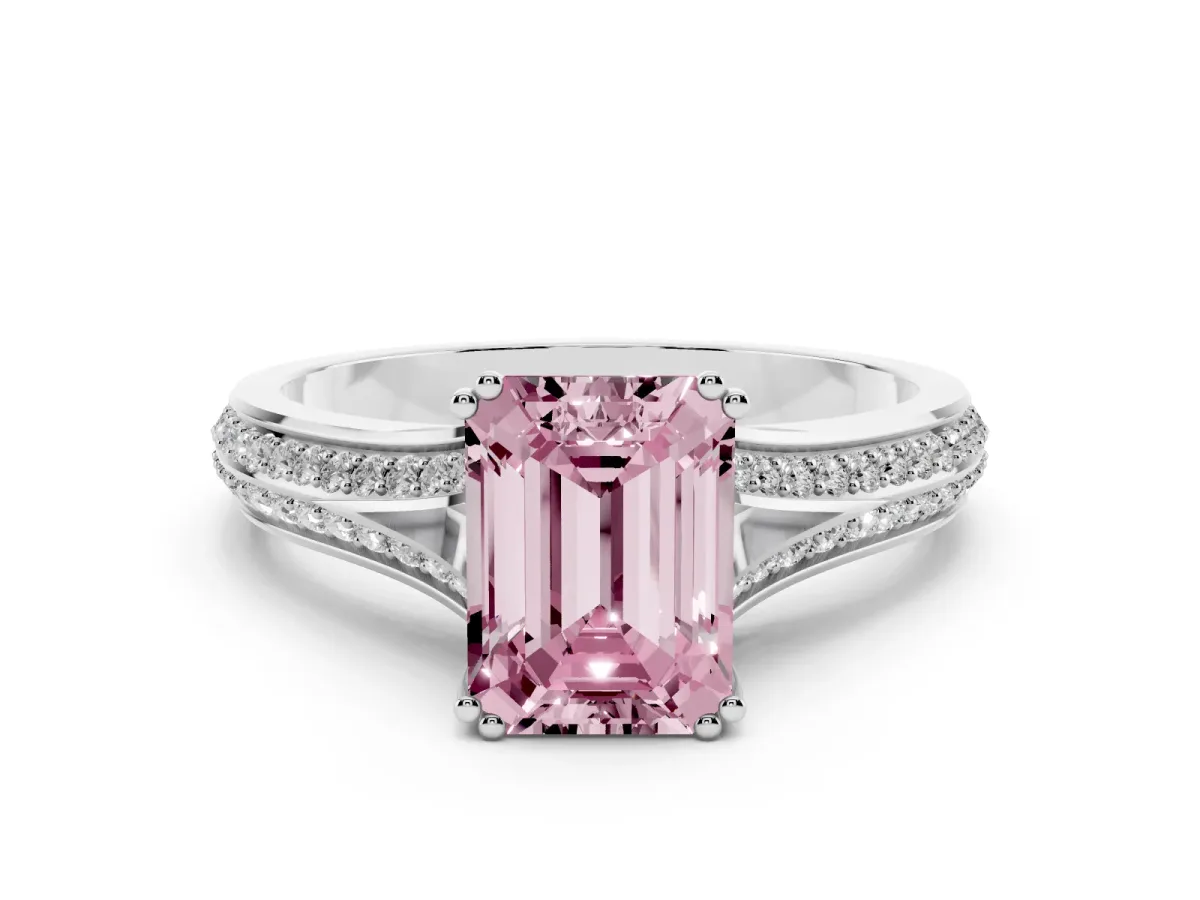 Fancy Pink Emerald Cut Diamond Split Shank Pavé Engagement Ring Set in Silver with Prong-Set Center Stone