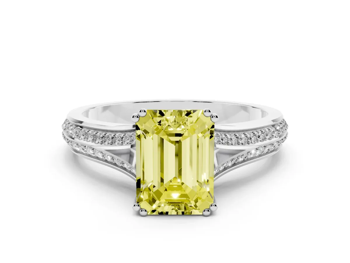 Fancy Yellow Emerald Cut Diamond Split Shank Pavé Engagement Ring Set in White gold with Prong-Set Center Stone